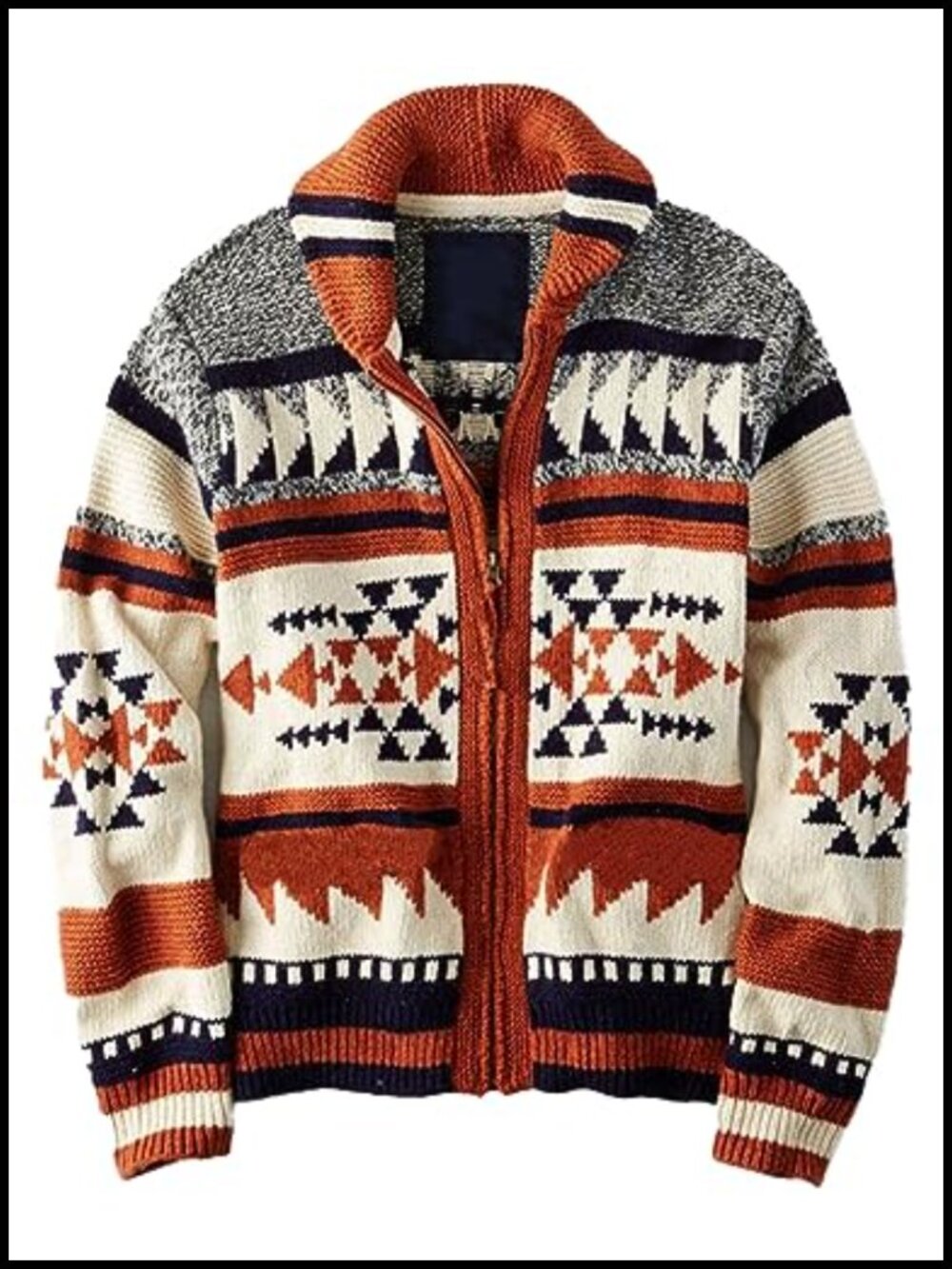 Men's Western Aztec Print Zip Cardigan Sweater Loose Fit Warm Knitted Jacket
